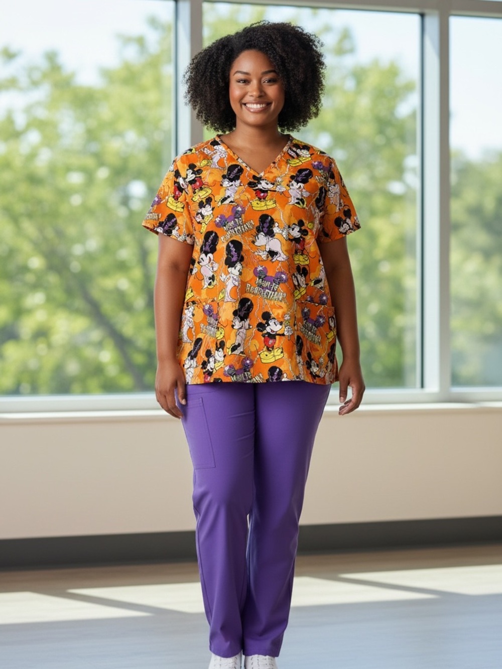 Disney Halloween Scrub Top XL Mickey Minnie Bride of Frankenstein Orange Cotton